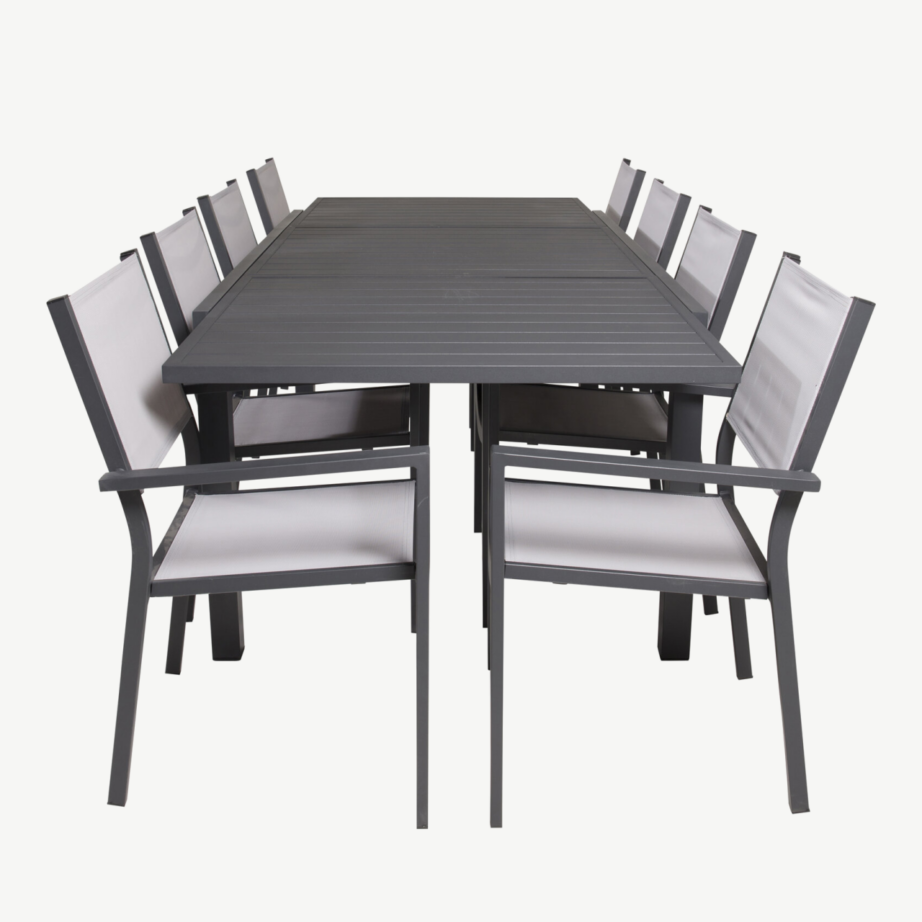 Laiendatav alumiiniumist aiamööblikomplekt Marbella musta laua ja hallide virnastatavate toolidega, GR18830 – 2