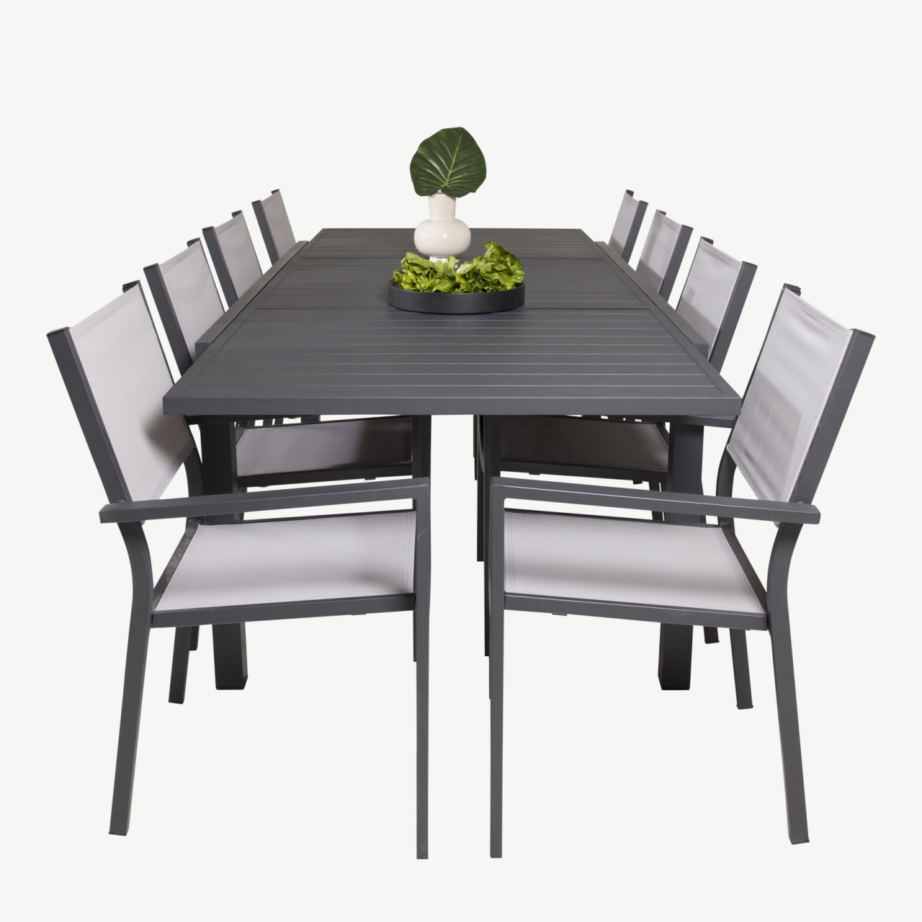 Laiendatav alumiiniumist aiamööblikomplekt Marbella musta laua ja hallide virnastatavate toolidega, GR18830 – 3
