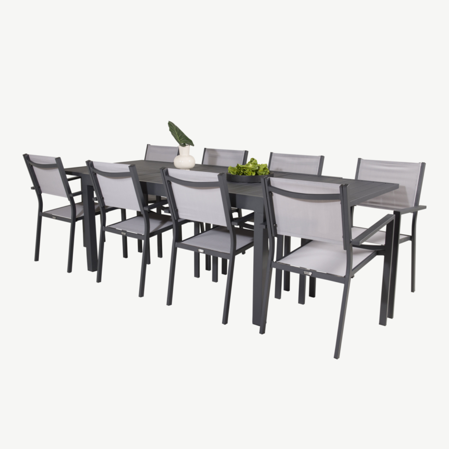 Laiendatav alumiiniumist aiamööblikomplekt Marbella musta laua ja hallide virnastatavate toolidega, GR18830 – 4