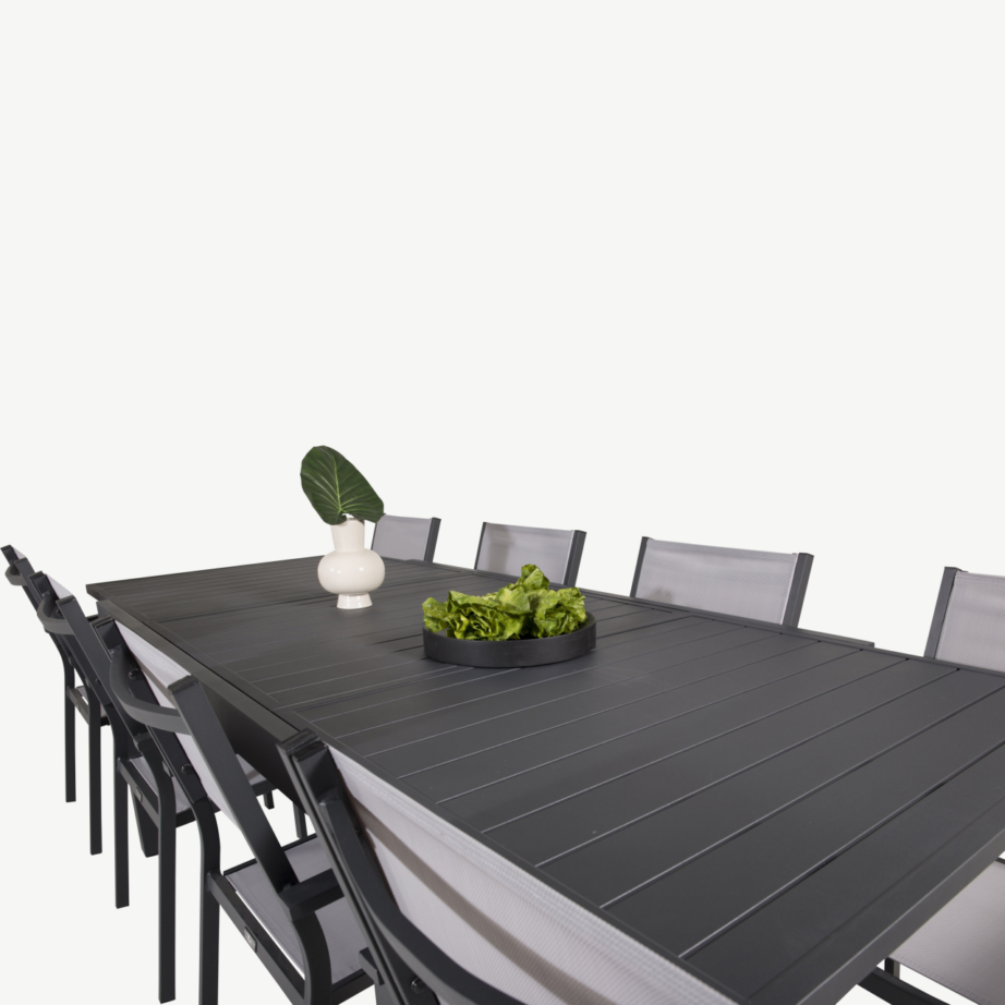 Laiendatav alumiiniumist aiamööblikomplekt Marbella musta laua ja hallide virnastatavate toolidega, GR18830 – 5