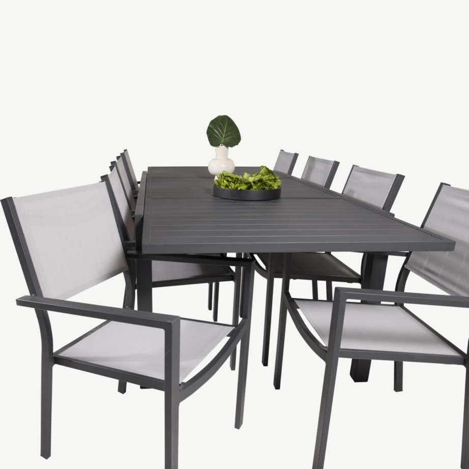 Laiendatav alumiiniumist aiamööblikomplekt Marbella musta laua ja hallide virnastatavate toolidega, GR18830 – 6