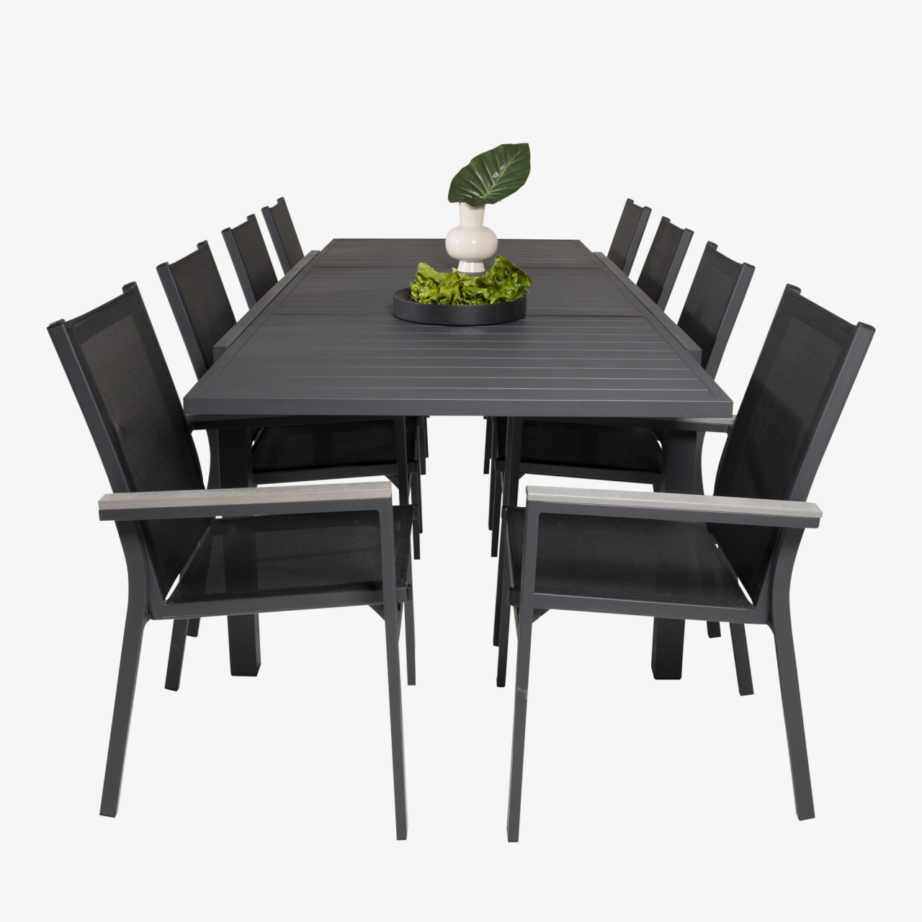 Laienev aiadiivanilaud Marbella ja virnastatavad toolid Parma (alumiinium, must, 8 kohta), GR18831 – 4