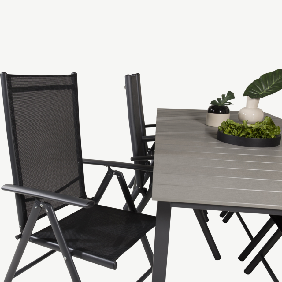 Aiamööblikomplekt Levels: ristkülikukujuline laud ja 6 musta Break tooli (hall puitplastkomposiit, alumiinium), GR18836 – 6
