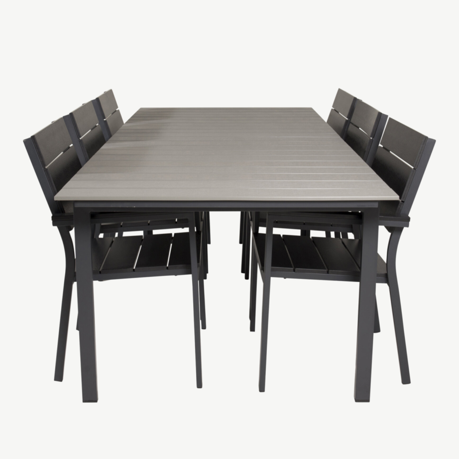 Moodne aiamööbli söögikomplekt Levels (hall laud 224cm, 6 musta virnastatavat tooli, alumiinium, Aintwood), GR18844 – 2