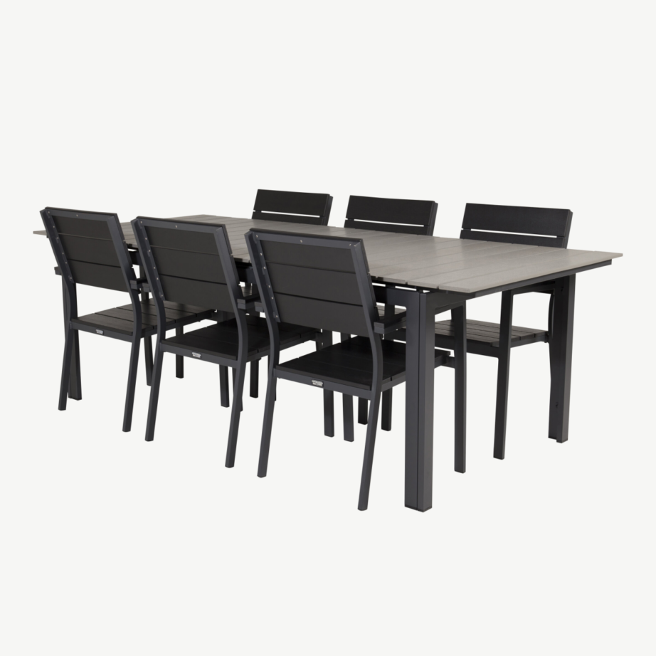 Moodne aiamööbli söögikomplekt Levels (hall laud 224cm, 6 musta virnastatavat tooli, alumiinium, Aintwood), GR18844 – 3