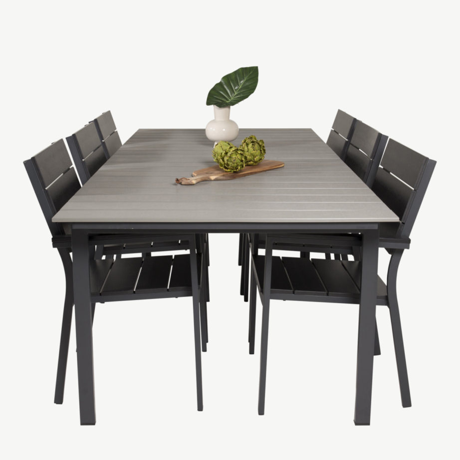 Moodne aiamööbli söögikomplekt Levels (hall laud 224cm, 6 musta virnastatavat tooli, alumiinium, Aintwood), GR18844 – 4