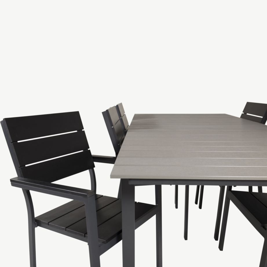 Moodne aiamööbli söögikomplekt Levels (hall laud 224cm, 6 musta virnastatavat tooli, alumiinium, Aintwood), GR18844 – 5