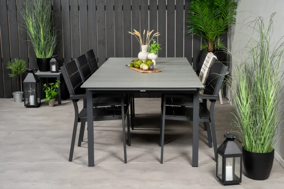 Moodne aiamööbli söögikomplekt Levels (hall laud 224cm, 6 musta virnastatavat tooli, alumiinium, Aintwood), GR18844 – 6