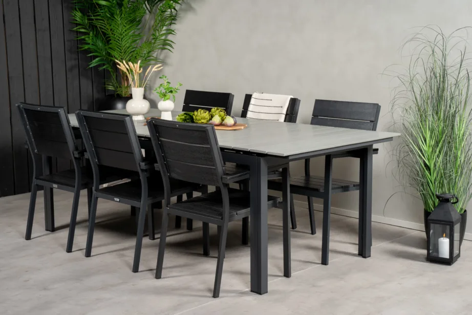 Moodne aiamööbli söögikomplekt Levels (hall laud 224cm, 6 musta virnastatavat tooli, alumiinium, Aintwood), GR18844 – 7