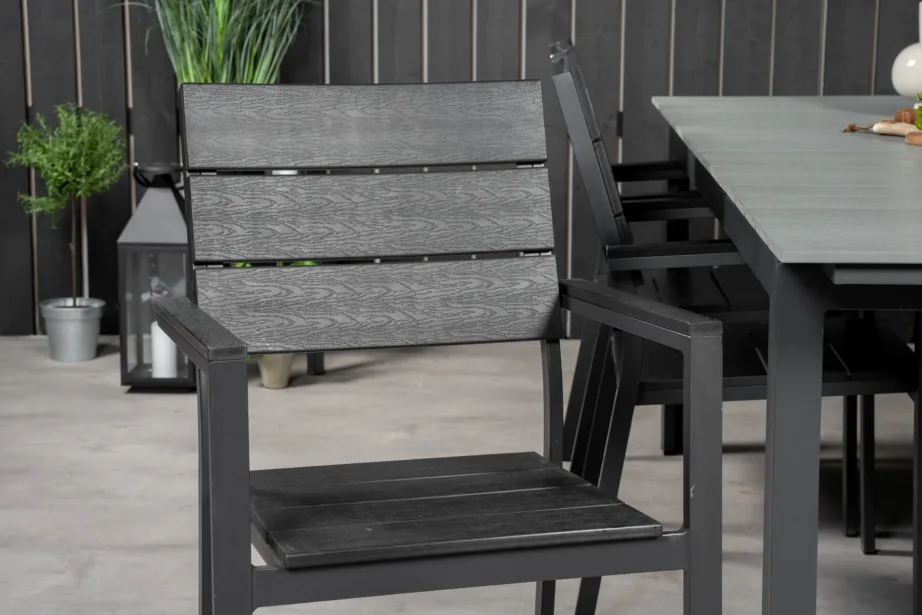 Moodne aiamööbli söögikomplekt Levels (hall laud 224cm, 6 musta virnastatavat tooli, alumiinium, Aintwood), GR18844 – 9