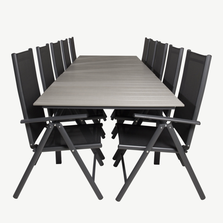 Levels suur õuene söögilaud ja reguleeritavad toolid (10 kohta, hall/must, aintwood ja alumiinium), GR18854