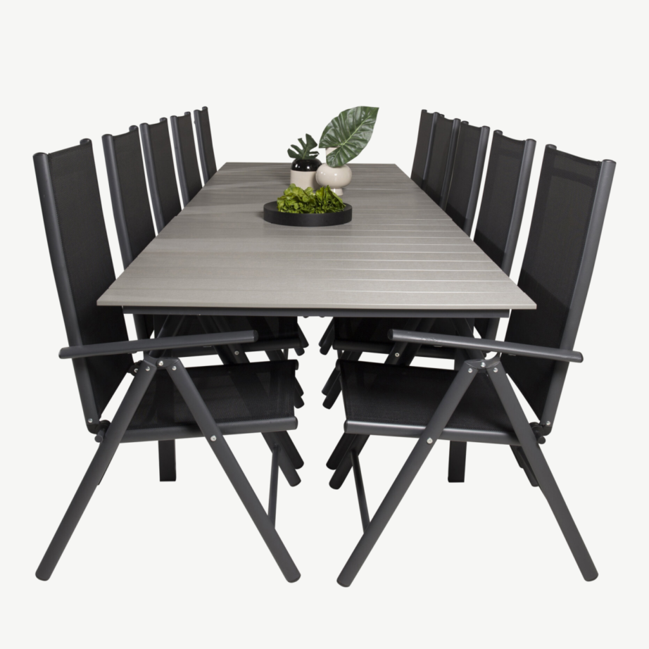 Levels suur õuene söögilaud ja reguleeritavad toolid (10 kohta, hall/must, aintwood ja alumiinium), GR18854 – 3