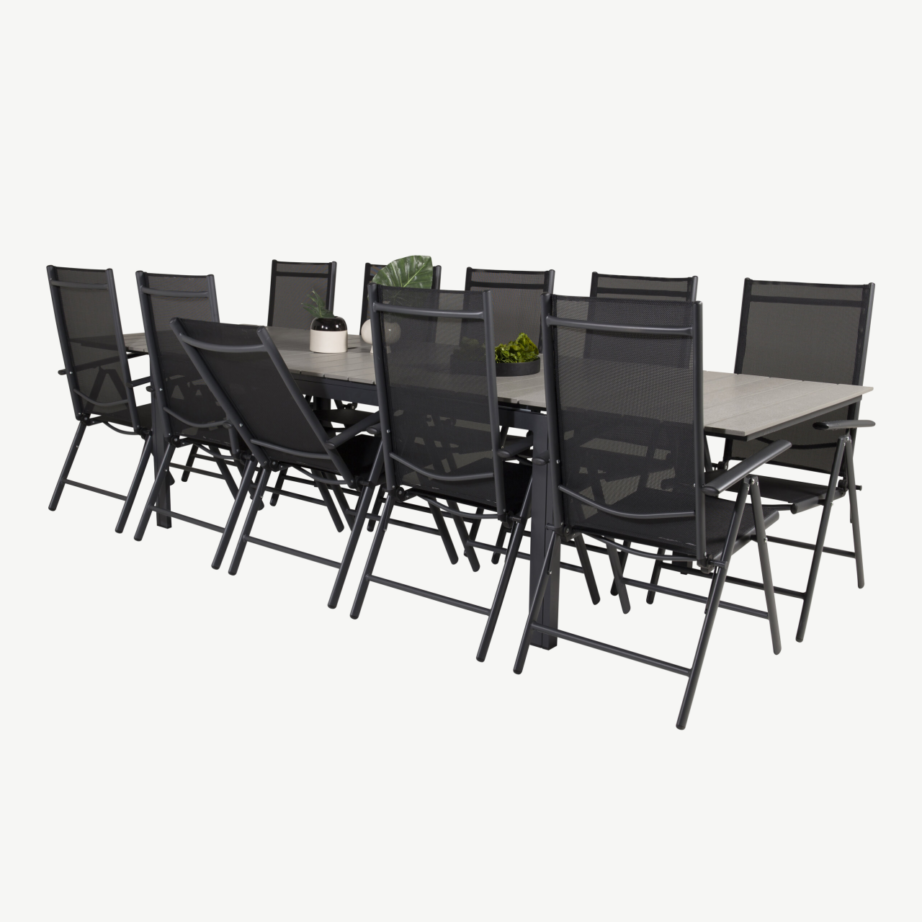 Levels suur õuene söögilaud ja reguleeritavad toolid (10 kohta, hall/must, aintwood ja alumiinium), GR18854 – 4