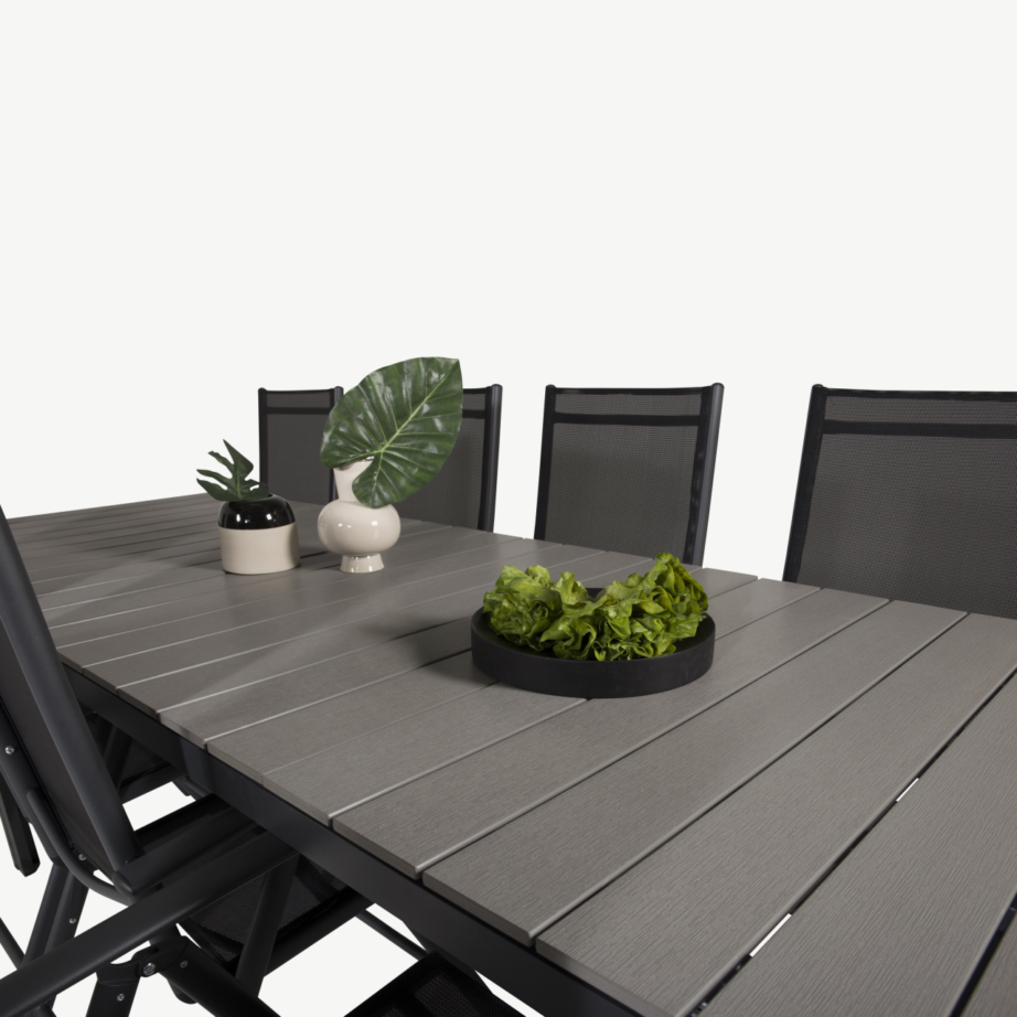 Levels suur õuene söögilaud ja reguleeritavad toolid (10 kohta, hall/must, aintwood ja alumiinium), GR18854 – 5