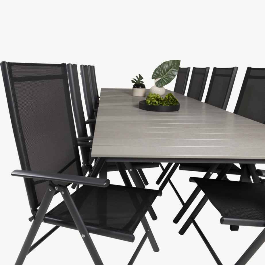 Levels suur õuene söögilaud ja reguleeritavad toolid (10 kohta, hall/must, aintwood ja alumiinium), GR18854 – 6