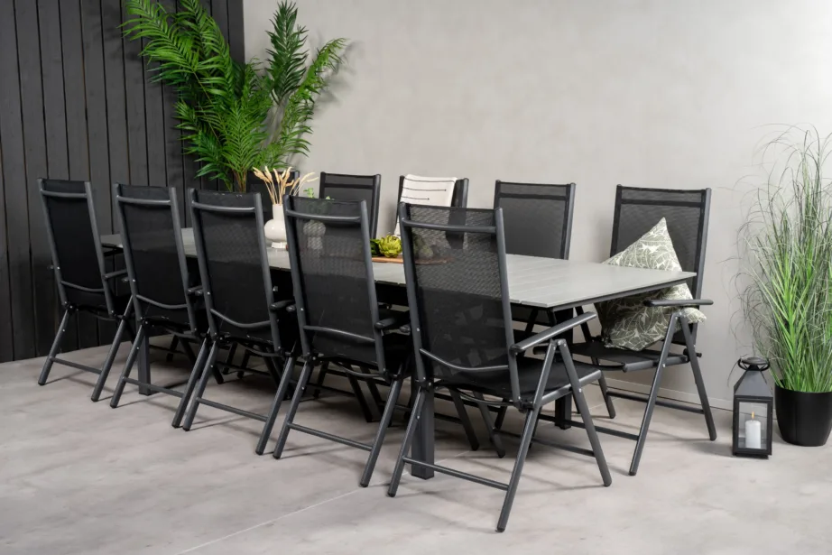 Levels suur õuene söögilaud ja reguleeritavad toolid (10 kohta, hall/must, aintwood ja alumiinium), GR18854 – 8