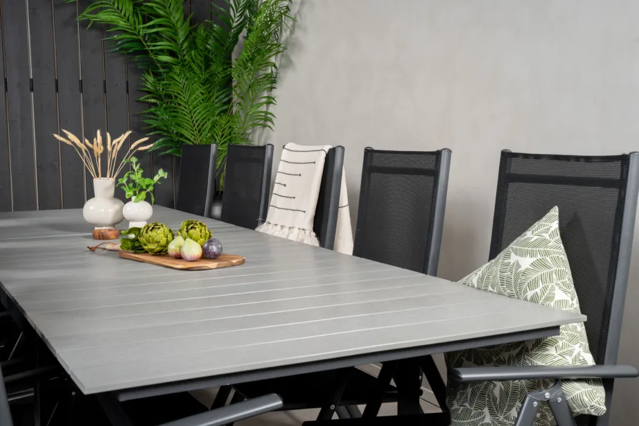 Levels suur õuene söögilaud ja reguleeritavad toolid (10 kohta, hall/must, aintwood ja alumiinium), GR18854 – 9