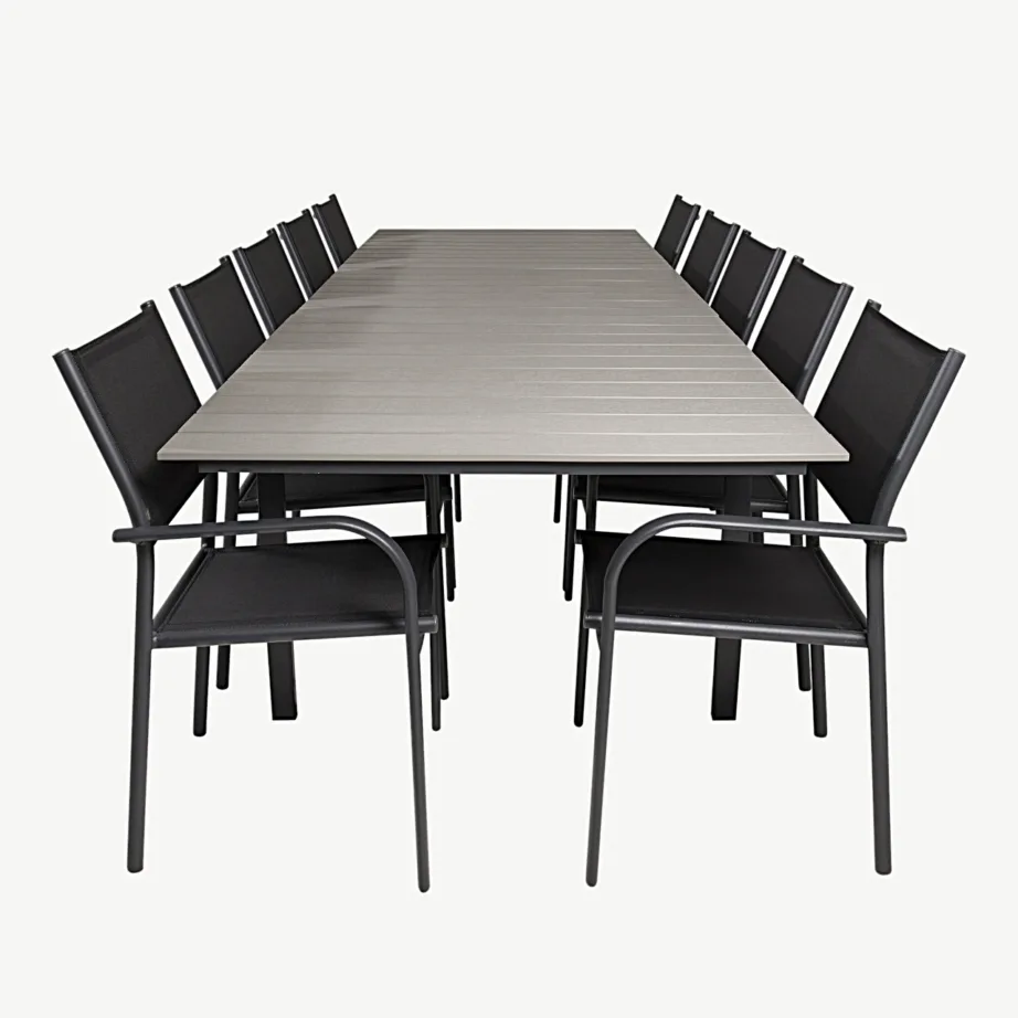 Pikendatav söögilaud Levels ja virnastatavad aiamugavustoolid Santorini (must alumiinium, hall puitplastkomposiit), GR18864 – 2