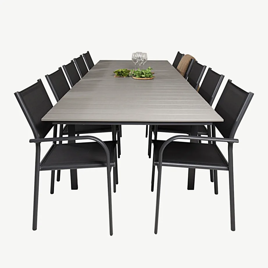 Pikendatav söögilaud Levels ja virnastatavad aiamugavustoolid Santorini (must alumiinium, hall puitplastkomposiit), GR18864 – 4