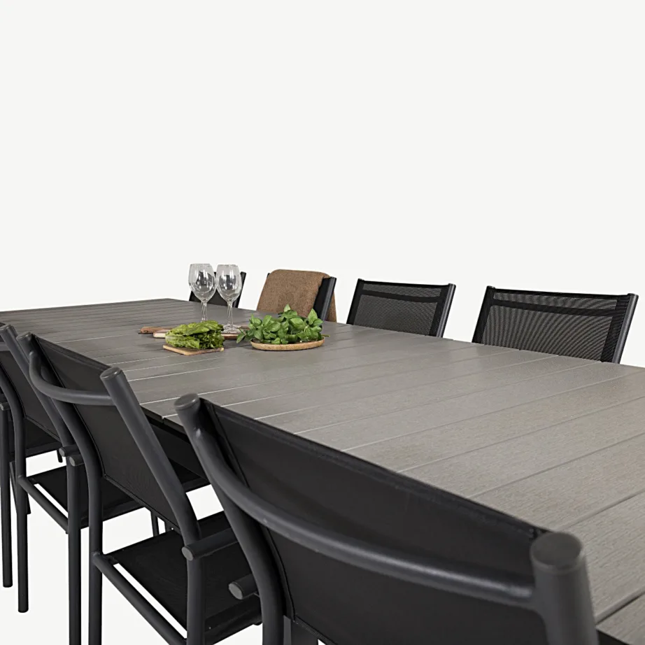 Pikendatav söögilaud Levels ja virnastatavad aiamugavustoolid Santorini (must alumiinium, hall puitplastkomposiit), GR18864 – 5