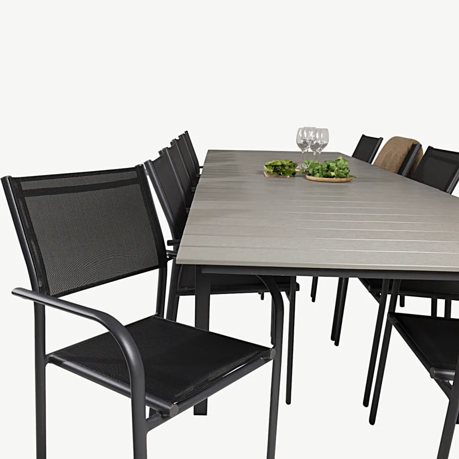 Pikendatav söögilaud Levels ja virnastatavad aiamugavustoolid Santorini (must alumiinium, hall puitplastkomposiit), GR18864 – 6