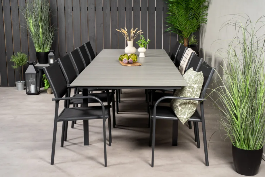 Pikendatav söögilaud Levels ja virnastatavad aiamugavustoolid Santorini (must alumiinium, hall puitplastkomposiit), GR18864 – 7