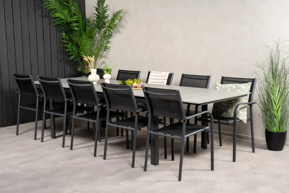 Pikendatav söögilaud Levels ja virnastatavad aiamugavustoolid Santorini (must alumiinium, hall puitplastkomposiit), GR18864 – 8