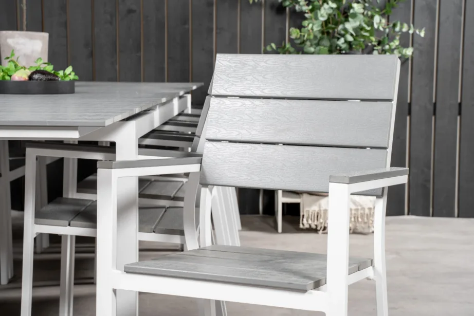 Aiamööbli söögikomplekt Levels (hall aintwood, valge alumiinium, 1 laud ja 8 virnastatavat tooli), GR18876 – 8