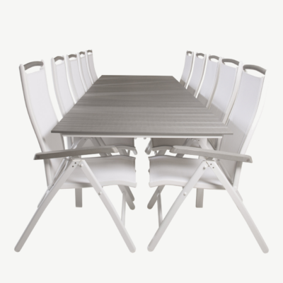 Levels ristkülikukujuline aiasöögilaud ja valge raamiga ise reguleeritavad toolid (10 tk), hall aintwood-lauaplaat - GR18878