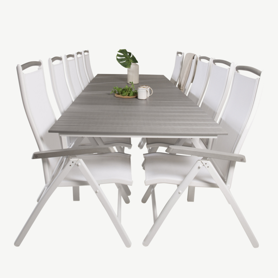 Levels ristkülikukujuline aiasöögilaud ja valge raamiga ise reguleeritavad toolid (10 tk), hall aintwood-lauaplaat, GR18878 – 3