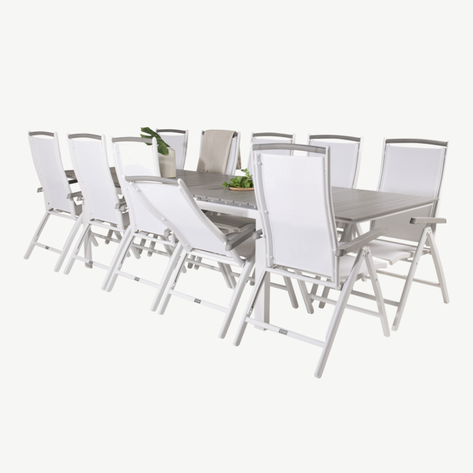 Levels ristkülikukujuline aiasöögilaud ja valge raamiga ise reguleeritavad toolid (10 tk), hall aintwood-lauaplaat, GR18878 – 4