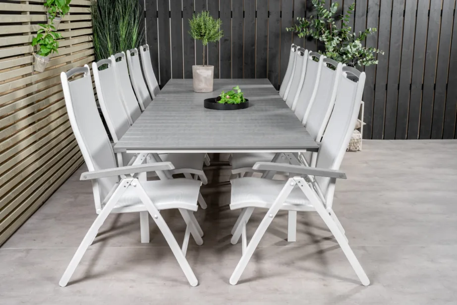 Levels ristkülikukujuline aiasöögilaud ja valge raamiga ise reguleeritavad toolid (10 tk), hall aintwood-lauaplaat, GR18878 – 5