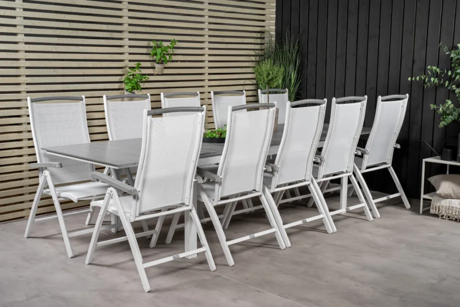 Levels ristkülikukujuline aiasöögilaud ja valge raamiga ise reguleeritavad toolid (10 tk), hall aintwood-lauaplaat, GR18878 – 6