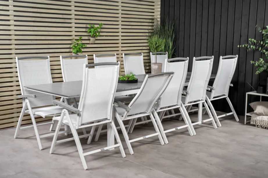 Levels ristkülikukujuline aiasöögilaud ja valge raamiga ise reguleeritavad toolid (10 tk), hall aintwood-lauaplaat, GR18878 – 7