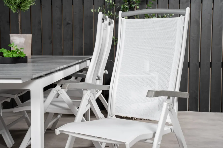 Levels ristkülikukujuline aiasöögilaud ja valge raamiga ise reguleeritavad toolid (10 tk), hall aintwood-lauaplaat, GR18878 – 8