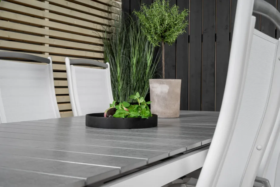 Levels ristkülikukujuline aiasöögilaud ja valge raamiga ise reguleeritavad toolid (10 tk), hall aintwood-lauaplaat, GR18878 – 9