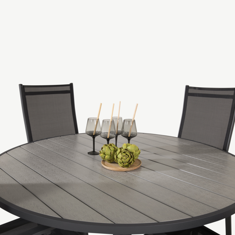 Parma ümmargune aiakomplekt – hall puitplastkomposiidist laud ja reguleeritavad mustad toolid, GR18895 – 4
