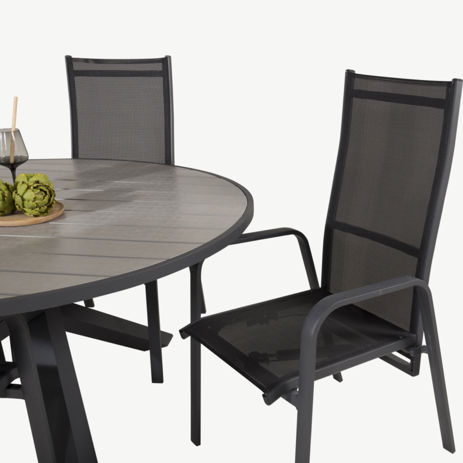 Parma ümmargune aiakomplekt – hall puitplastkomposiidist laud ja reguleeritavad mustad toolid, GR18895 – 5