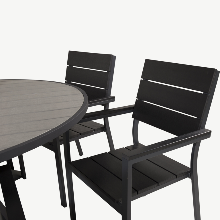 Ümmargune aiamööbli komplekt Parma, hall laud ⌀140 cm ja mustad virnastatavad toolid (6 tk), alumiinium ja aintwood - GR18900