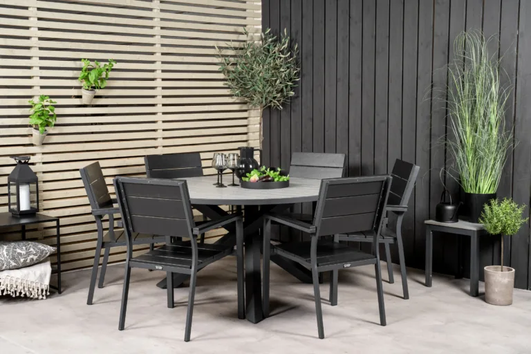 Ümmargune aiamööbli komplekt Parma, hall laud ⌀140 cm ja mustad virnastatavad toolid (6 tk), alumiinium ja aintwood - GR18900