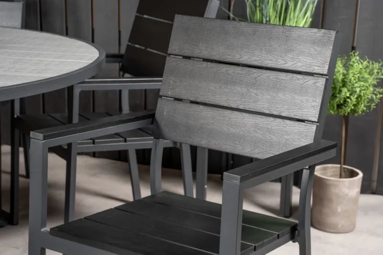 Ümmargune aiamööbli komplekt Parma, hall laud ⌀140 cm ja mustad virnastatavad toolid (6 tk), alumiinium ja aintwood - GR18900