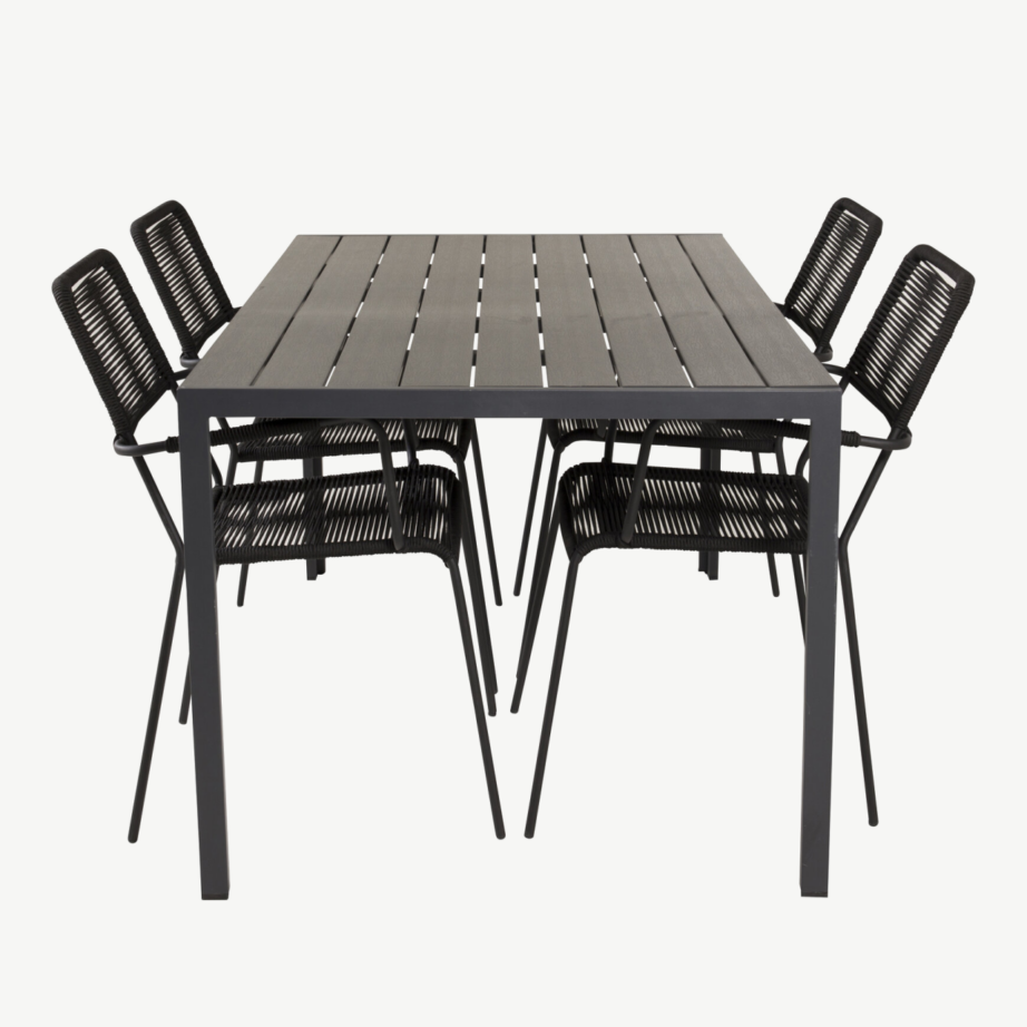 Break söögikomplekt (laud 150×90 cm, must WPC) ja Lindos aiatoolid (must, köisistmega), GR18917 – 2