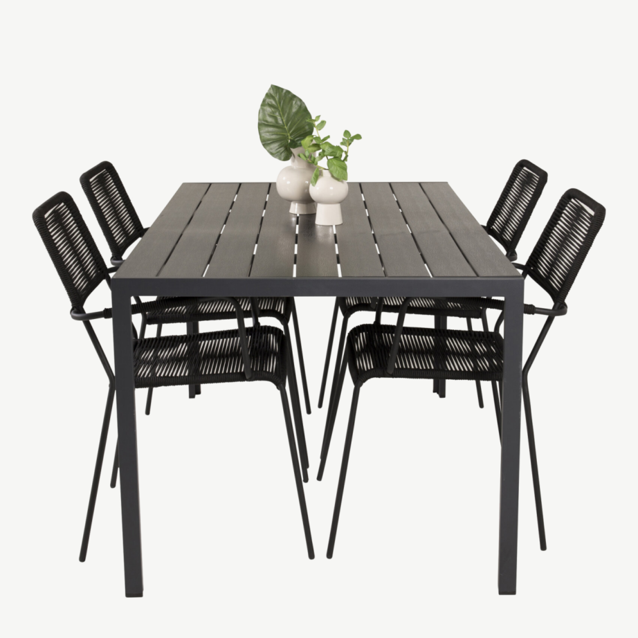 Break söögikomplekt (laud 150×90 cm, must WPC) ja Lindos aiatoolid (must, köisistmega), GR18917 – 3