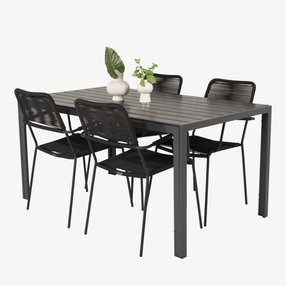 Break söögikomplekt (laud 150×90 cm, must WPC) ja Lindos aiatoolid (must, köisistmega), GR18917 – 4