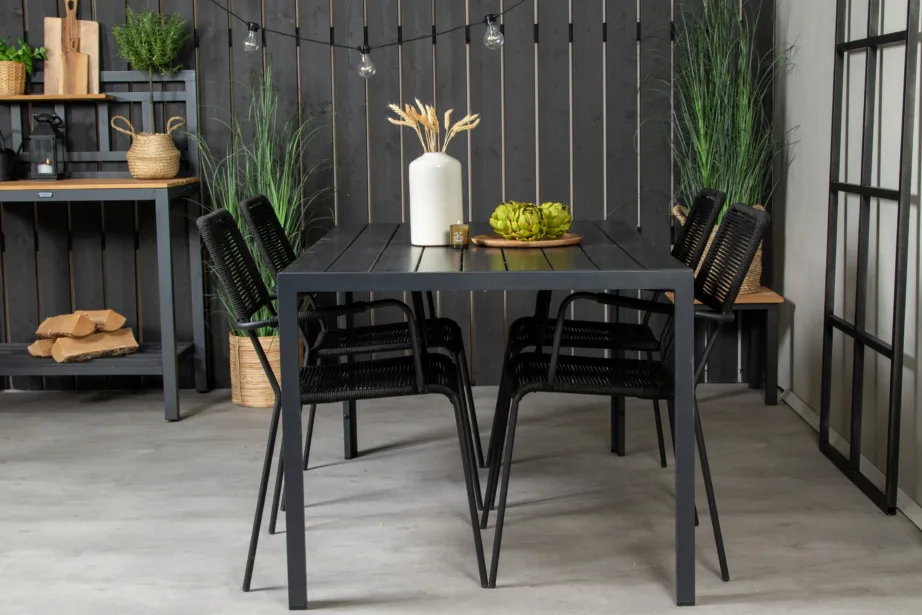 Break söögikomplekt (laud 150×90 cm, must WPC) ja Lindos aiatoolid (must, köisistmega), GR18917 – 5