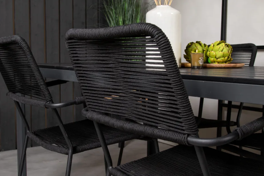 Break söögikomplekt (laud 150×90 cm, must WPC) ja Lindos aiatoolid (must, köisistmega), GR18917 – 7