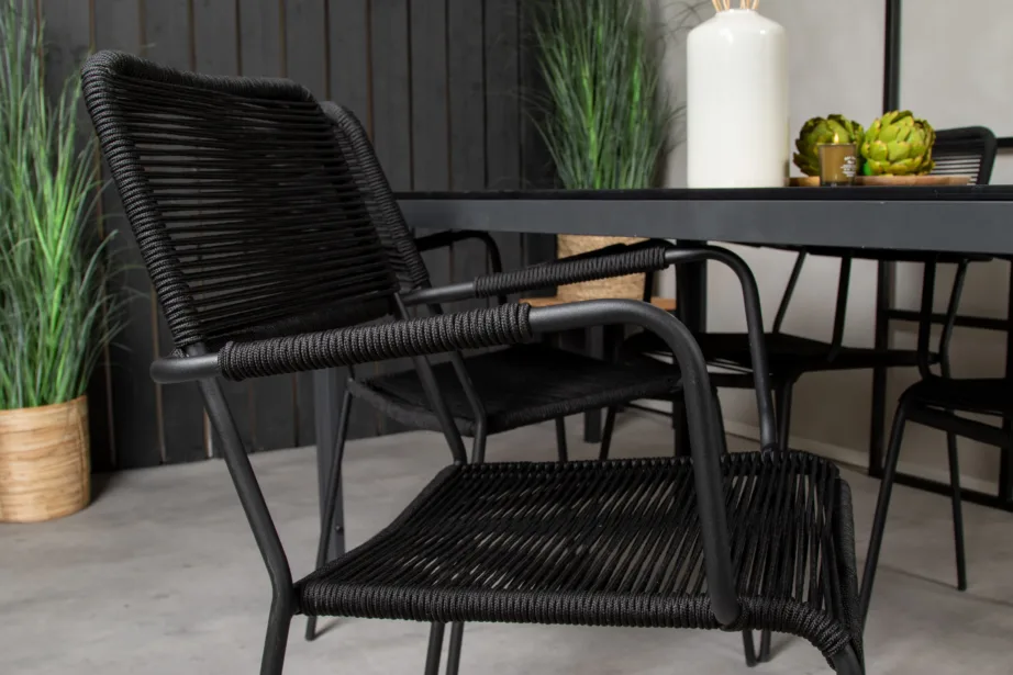 Break söögikomplekt (laud 150×90 cm, must WPC) ja Lindos aiatoolid (must, köisistmega), GR18917 – 9