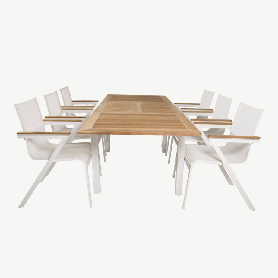 Aiamööblikomplekt Panama – laiendatav tiigipuust laud ja 6 valge raamiga virnastatavat tooli, GR18956 – 2