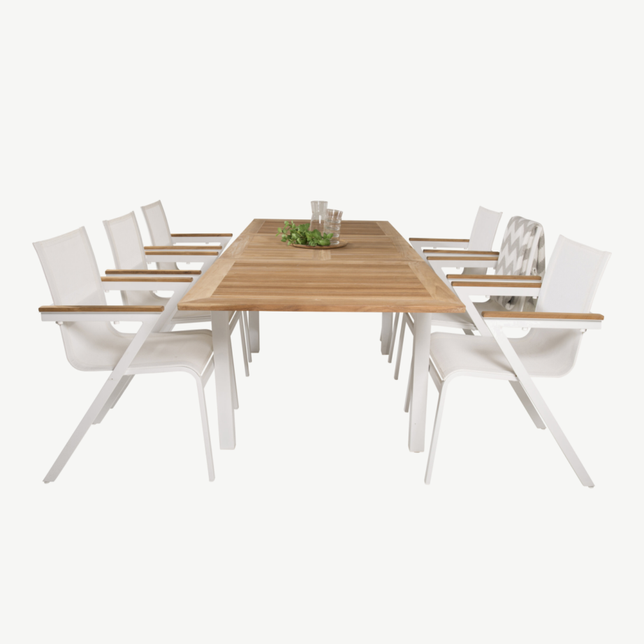 Aiamööblikomplekt Panama – laiendatav tiigipuust laud ja 6 valge raamiga virnastatavat tooli, GR18956 – 3