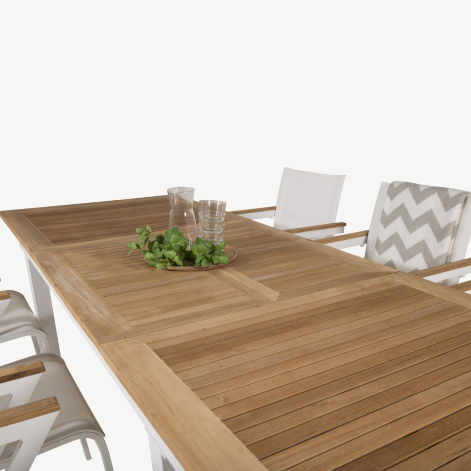 Aiamööblikomplekt Panama – laiendatav tiigipuust laud ja 6 valge raamiga virnastatavat tooli, GR18956 – 5